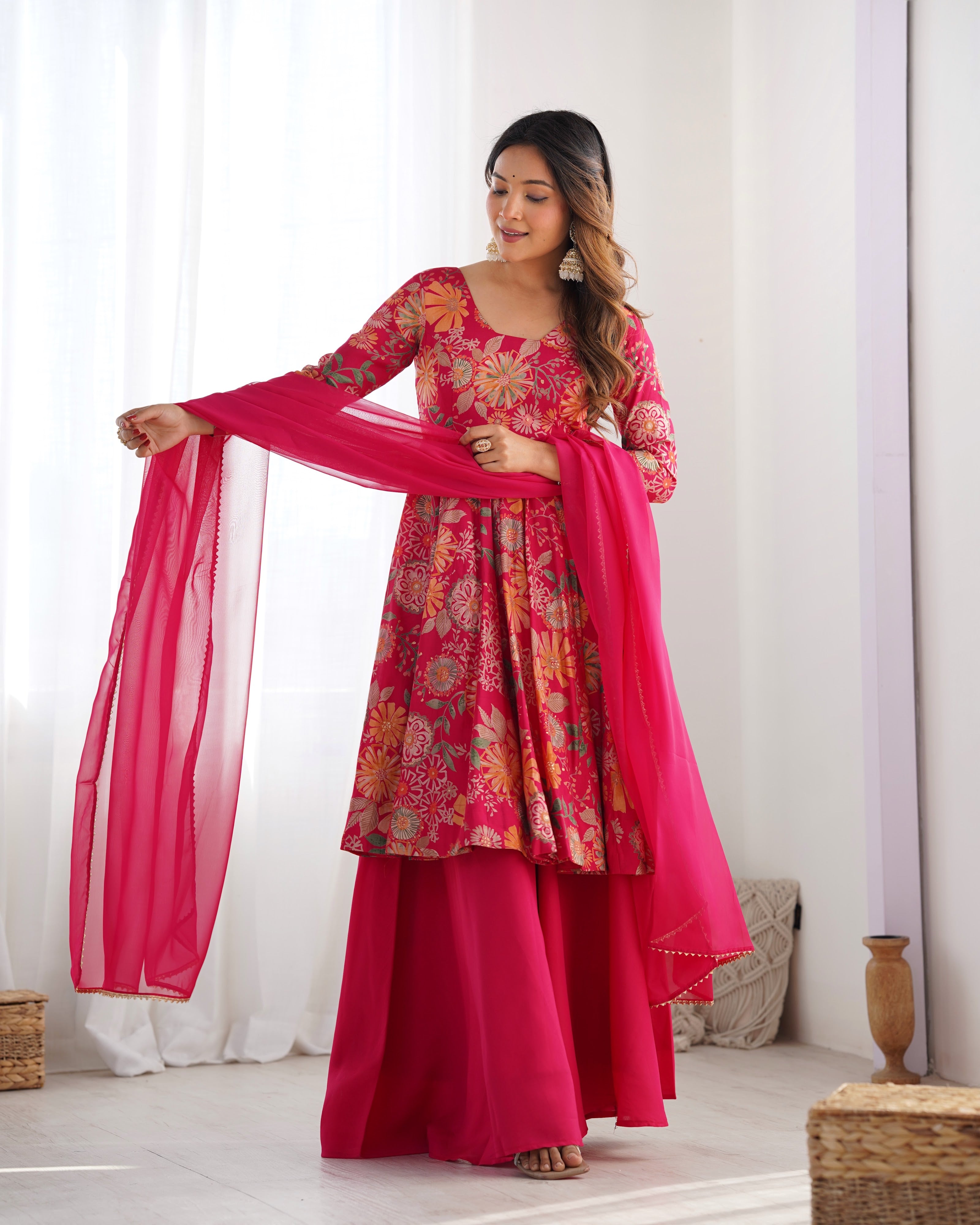 Roman Chanderi Silk Printed Kurta-Palazzo Set – Pink