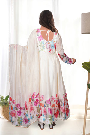 Organza Silk Printed Anarkali Set – Cream