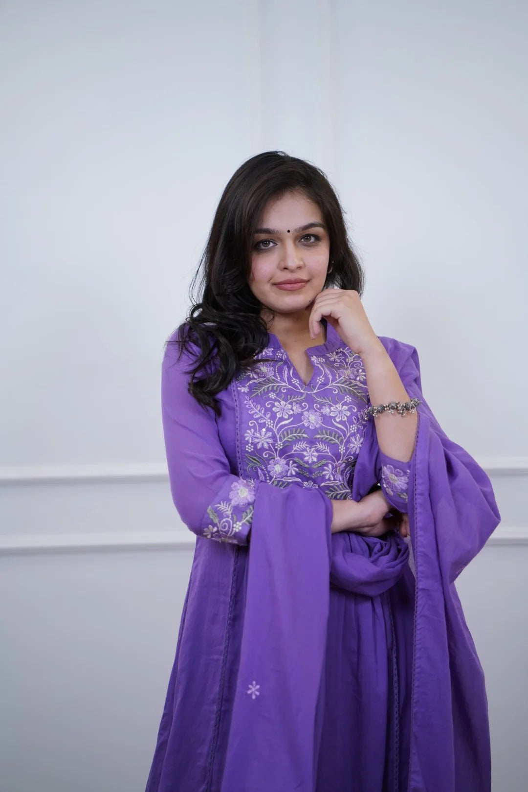 Cotton Embroidered Kurta Pant Dupatta Set – Purple