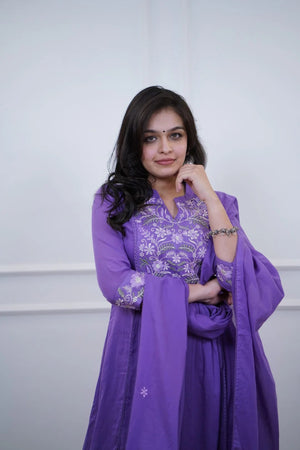 Cotton Embroidered Kurta Pant Dupatta Set – Purple