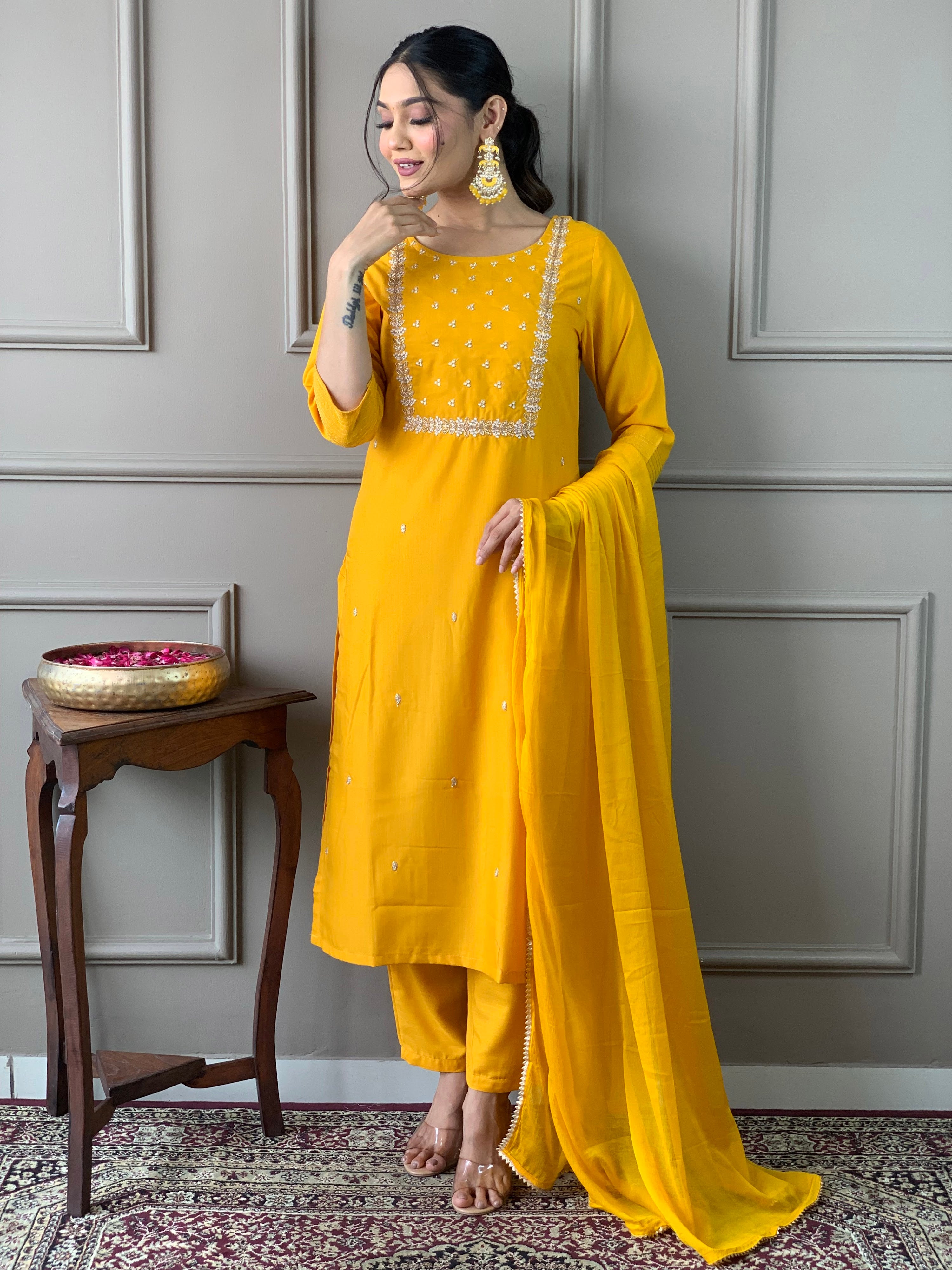 Rayon Slub Embroidered Kurta Pant Dupatta Set – Yellow