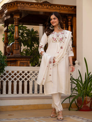 Pure Viscose Mango Silk Embroidered Straight Kurti Set – White
