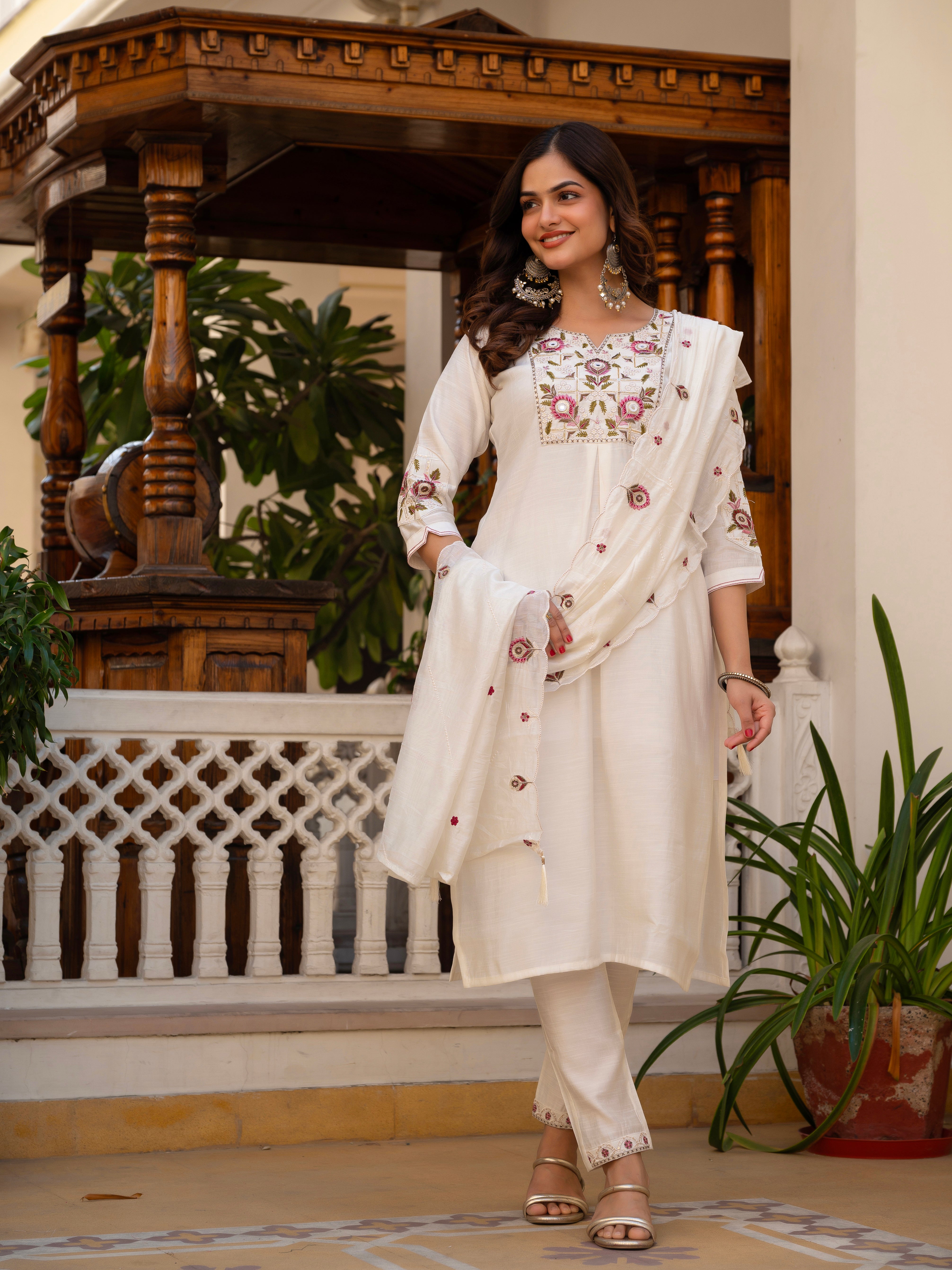 Pure Viscose Mango Silk Embroidered Straight Kurti Set – White