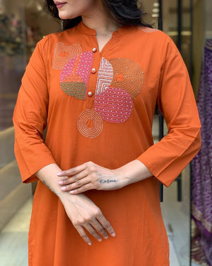 Rayon Slub Embroidered Kurta Pant Dupatta Set – Orange