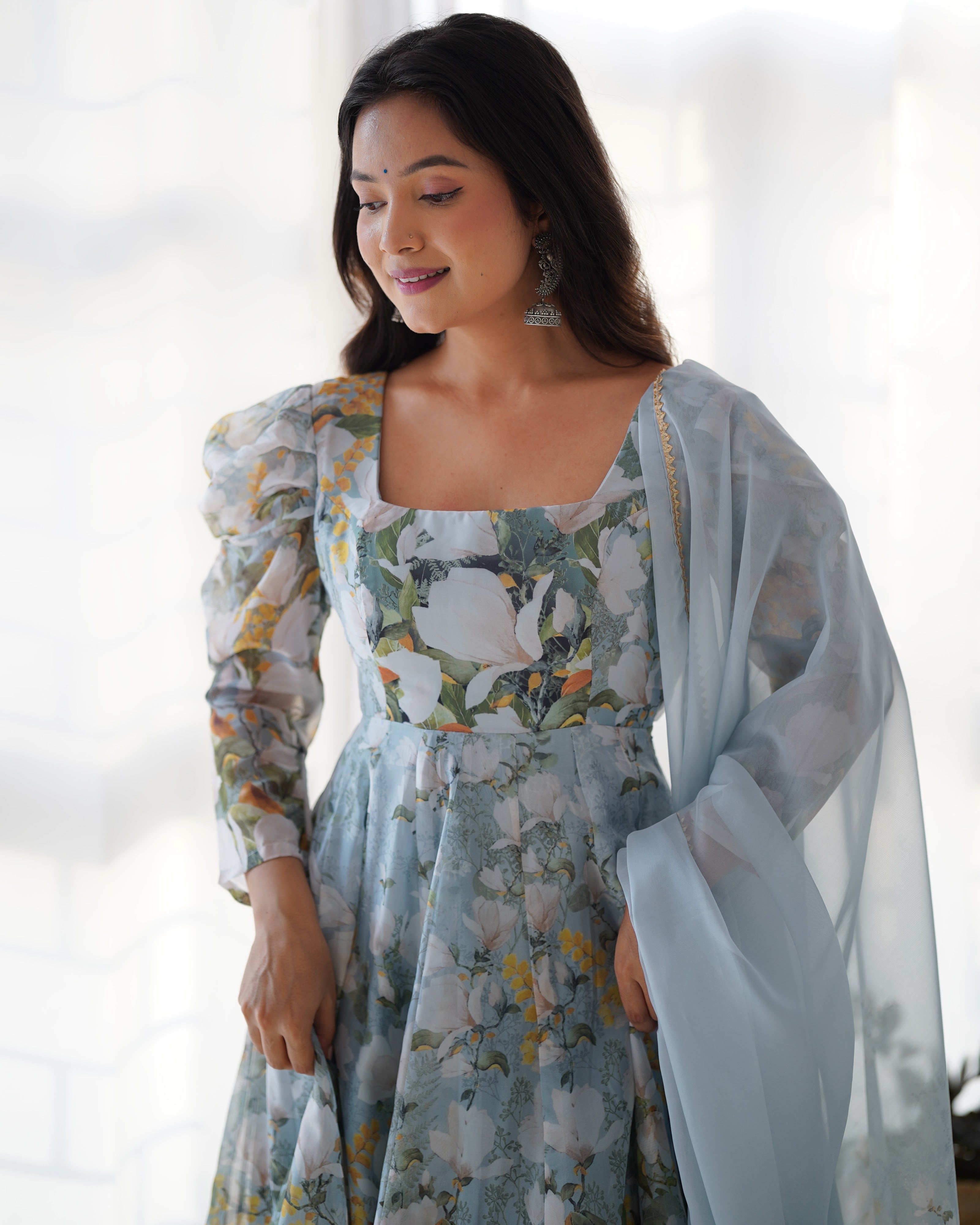 Organza Silk Printed Anarkali Set – Powder Blue Floral