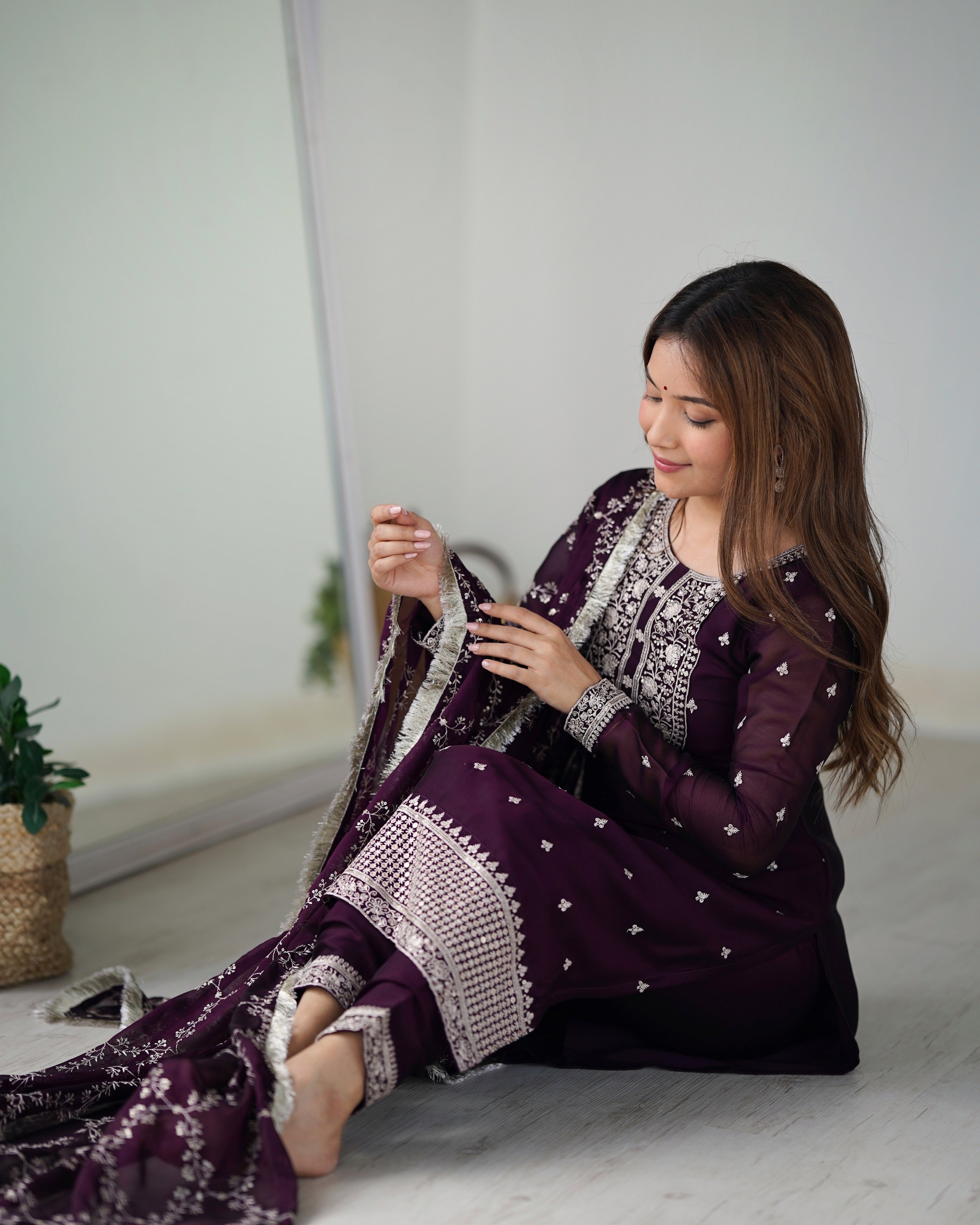 Rangoli Silk Embroidered Straight Kurta Set – Wine