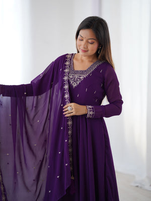 Georgette Embroidered Anarkali Set – Purple