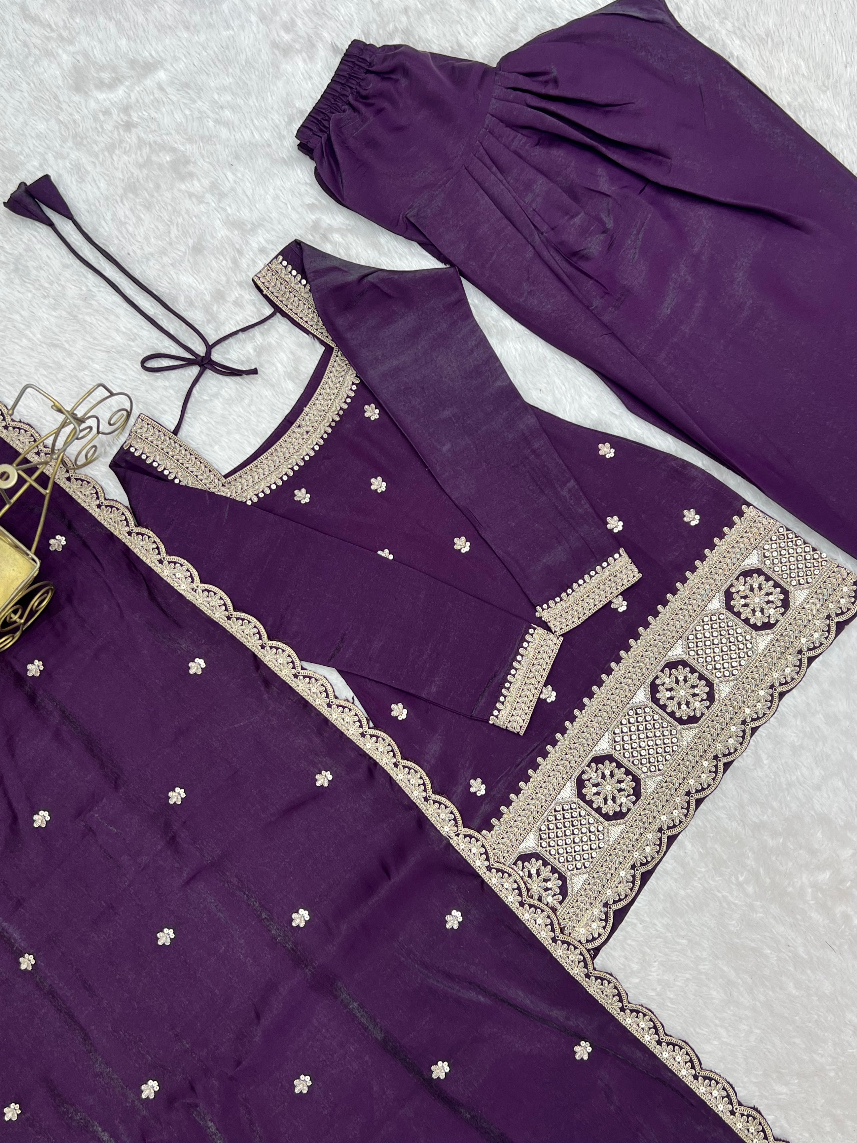 Glass Roman Silk Embroidered Kurta-Farshi Set – Purple