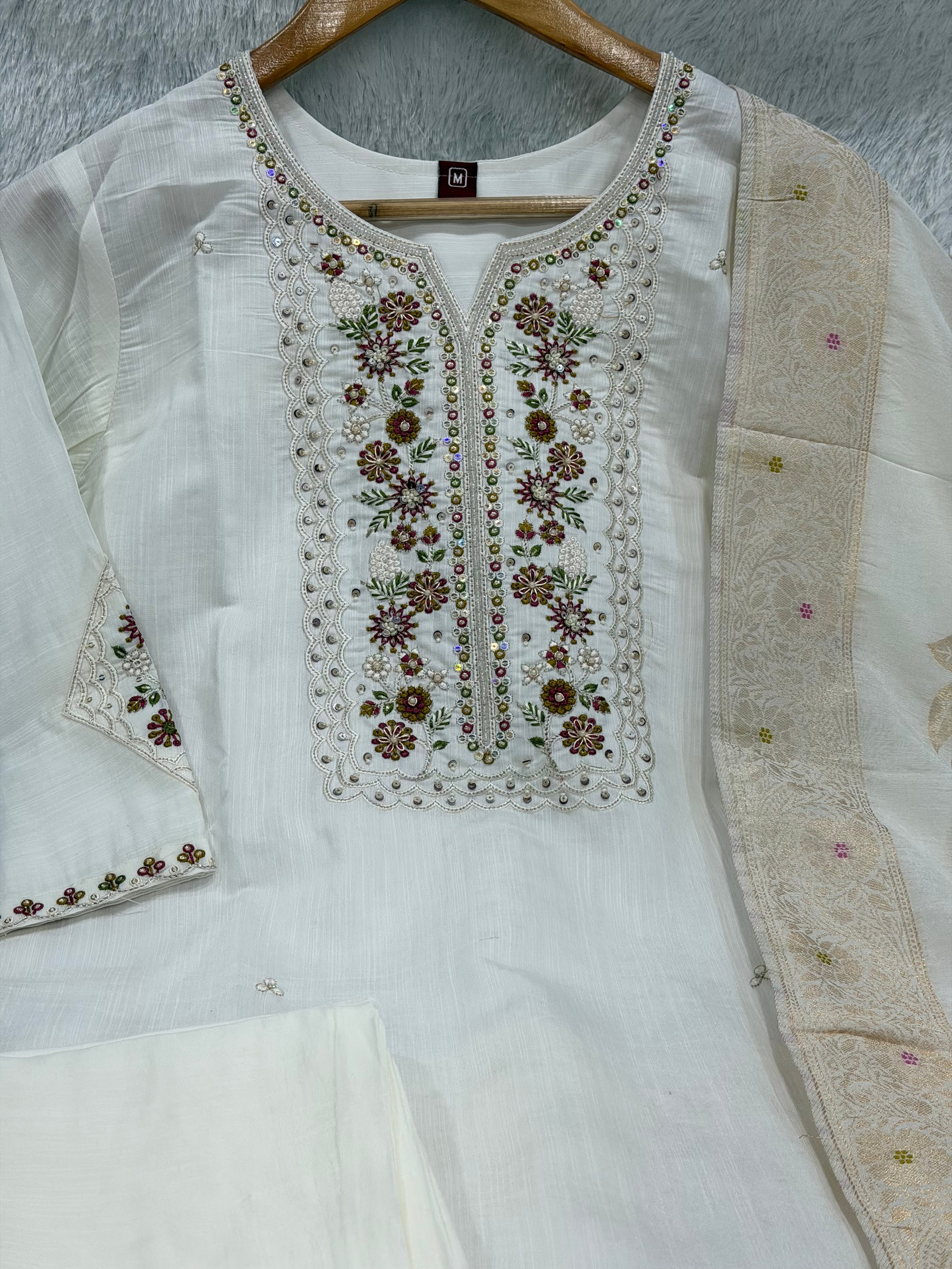 Pure Viscose Mango Silk Embroidered Straight Kurti Set – White