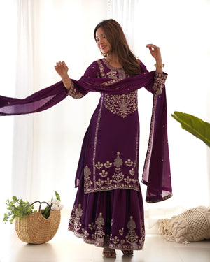 Chinon Silk Embroidered Kurta-Sharara Set – Purple