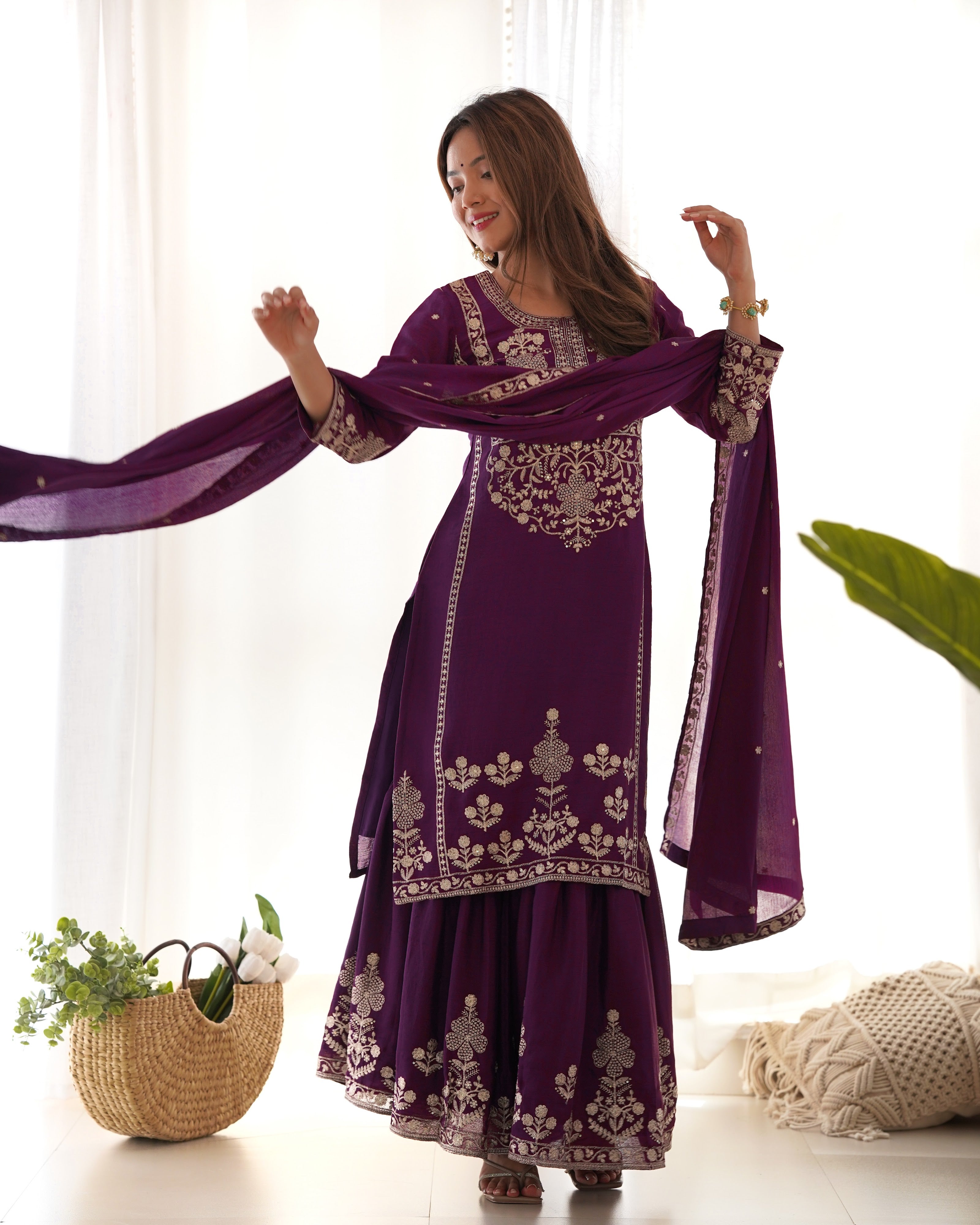 Chinon Silk Embroidered Kurta-Sharara Set – Purple
