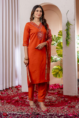 Marina Viscose Silk Embroidered Straight Kurti Set – Orange