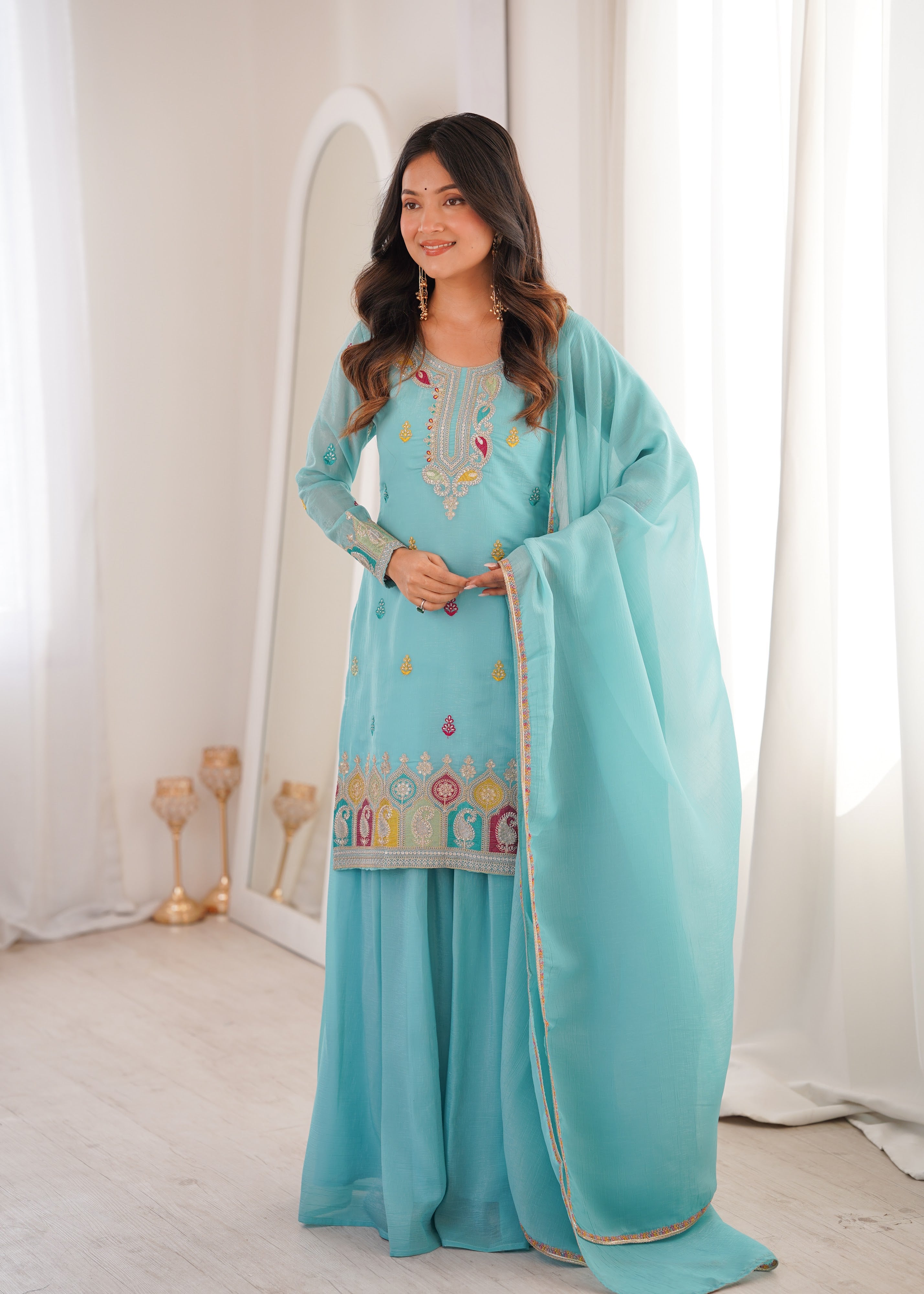 Crunchy Silk Embroidered Kurta-Sharara Set – Sky Blue