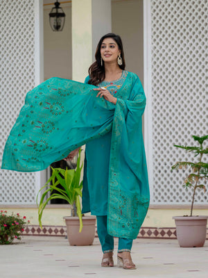 Premium Roman Silk Embroidered Straight Kurti Set – Firozi