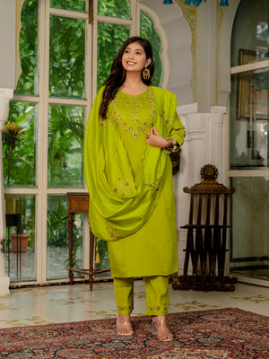 Marina Silk Embroidered Straight Kurti Set – Parrot Green