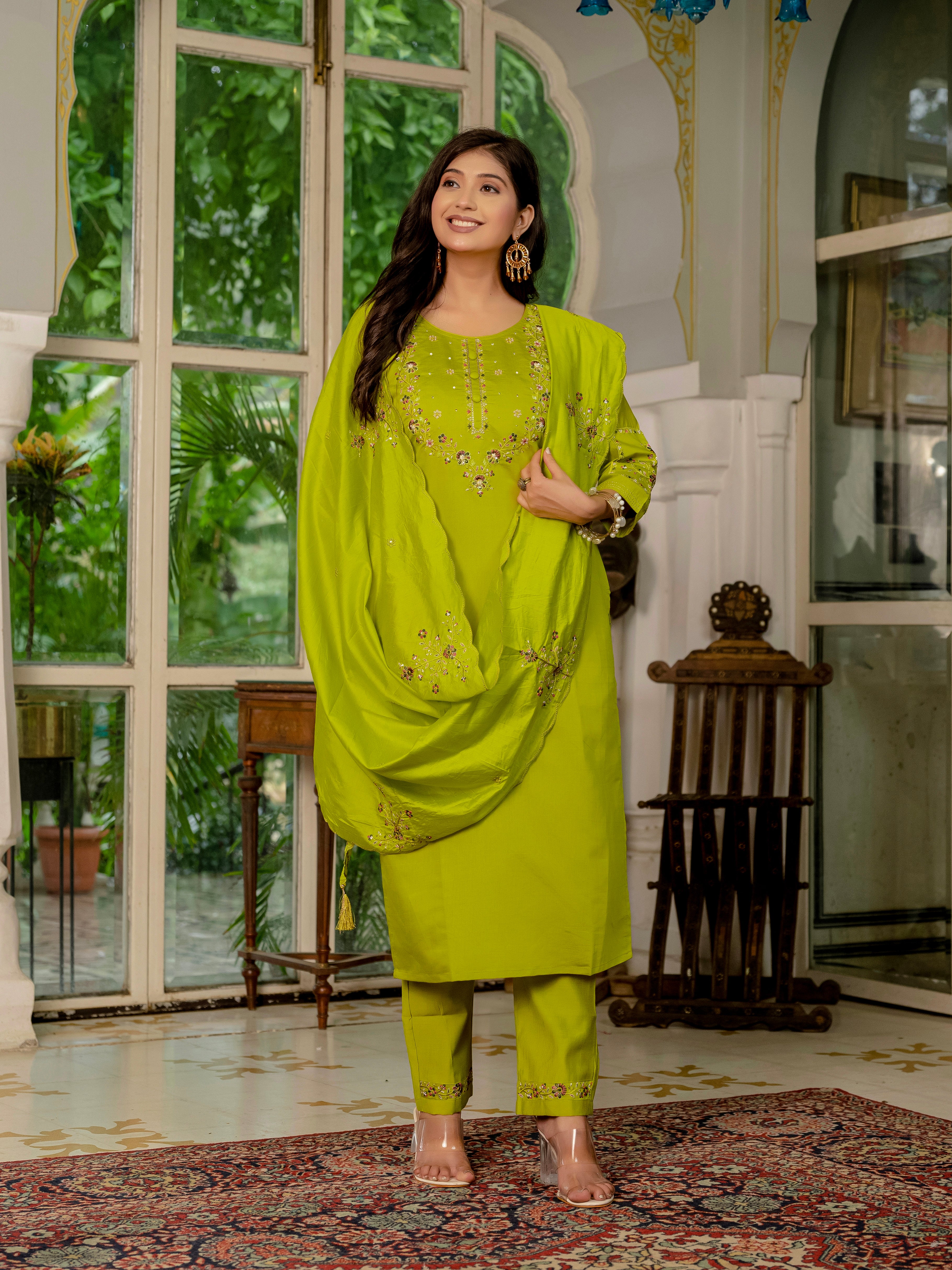Marina Silk Embroidered Straight Kurti Set – Parrot Green