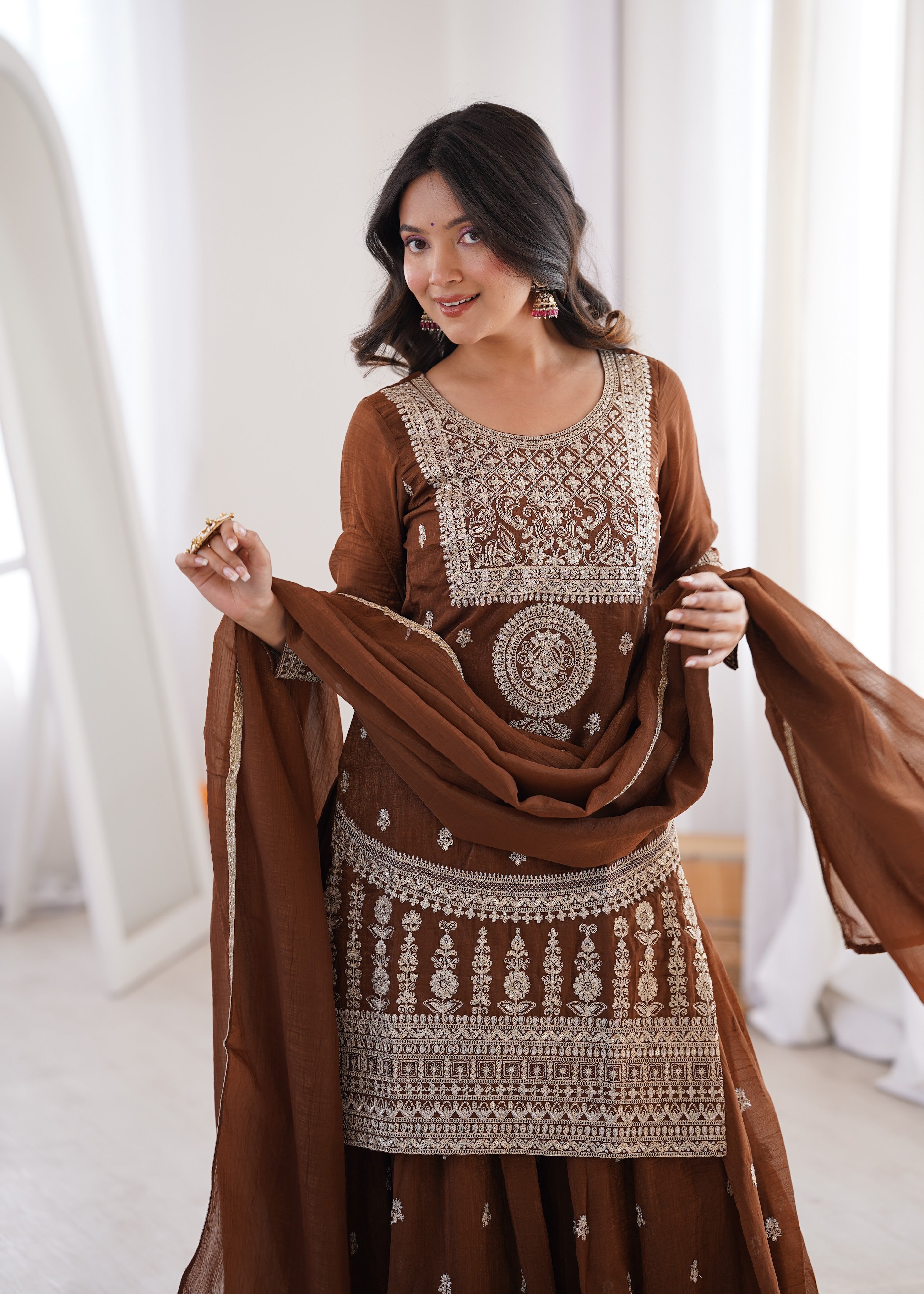 Crunchy Silk Embroidered Sharara Set – Coffee Brown