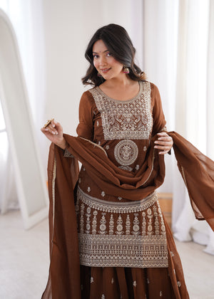 Crunchy Silk Embroidered Sharara Set – Coffee Brown