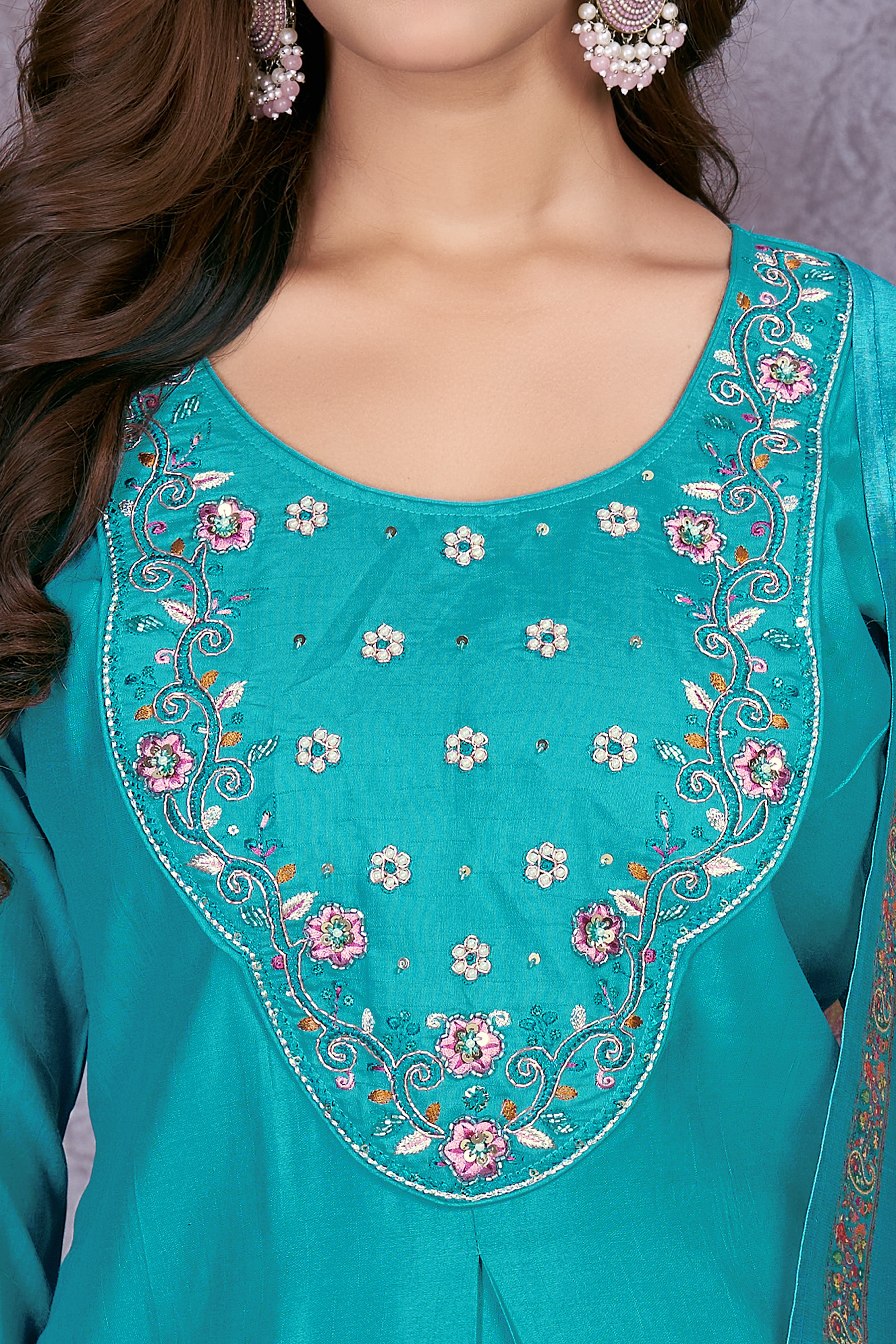 Premium Marina Silk Embroidered Straight Kurti Set – See Green
