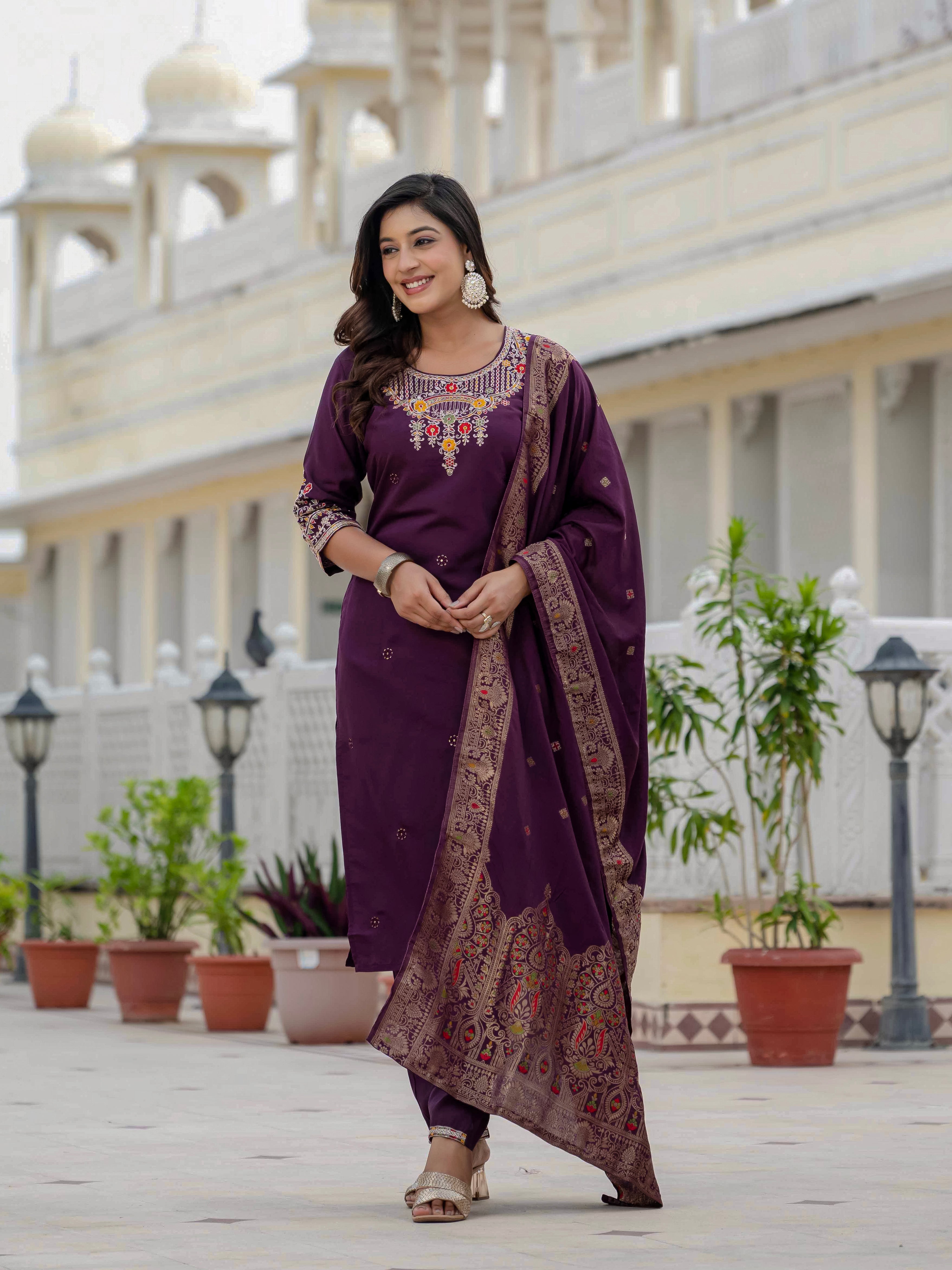 Premium Roman Silk Embroidered Straight Kurti Set – Wine