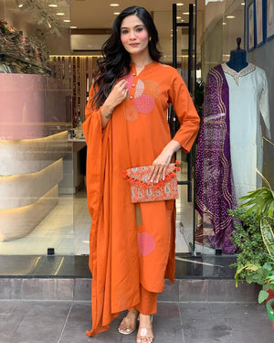 Rayon Slub Embroidered Kurta Pant Dupatta Set – Orange