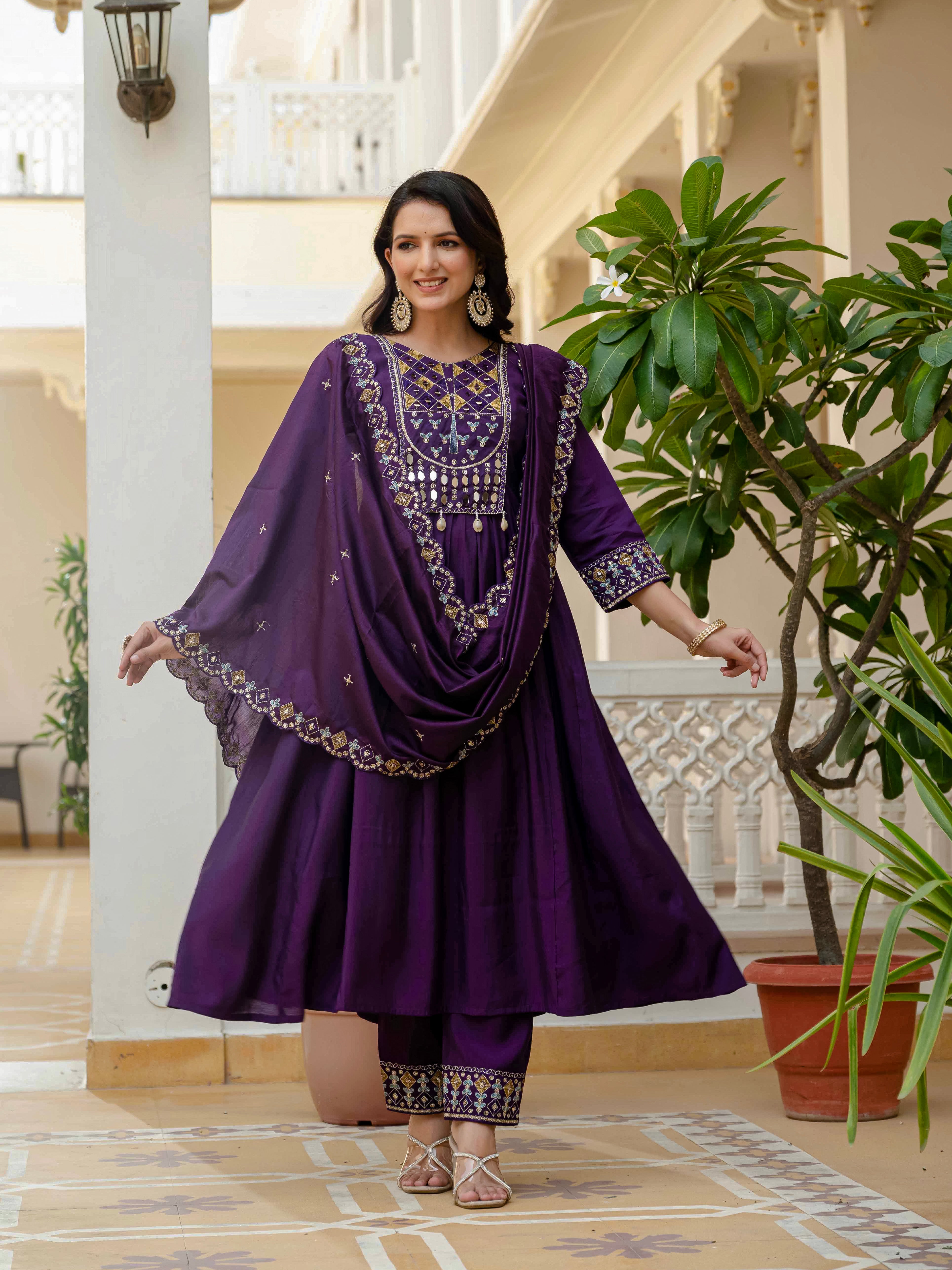 Viscose Roman Silk Embroidered Anarkali Kurti Set – Purple
