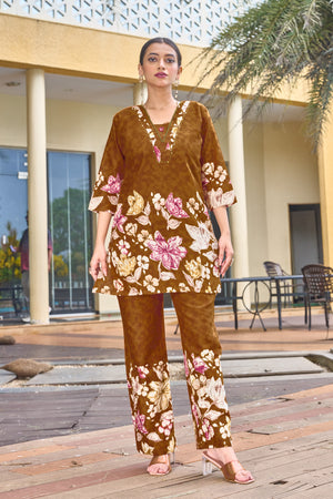 Pure Cotton Printed Co-Ords Set – Orange Brown