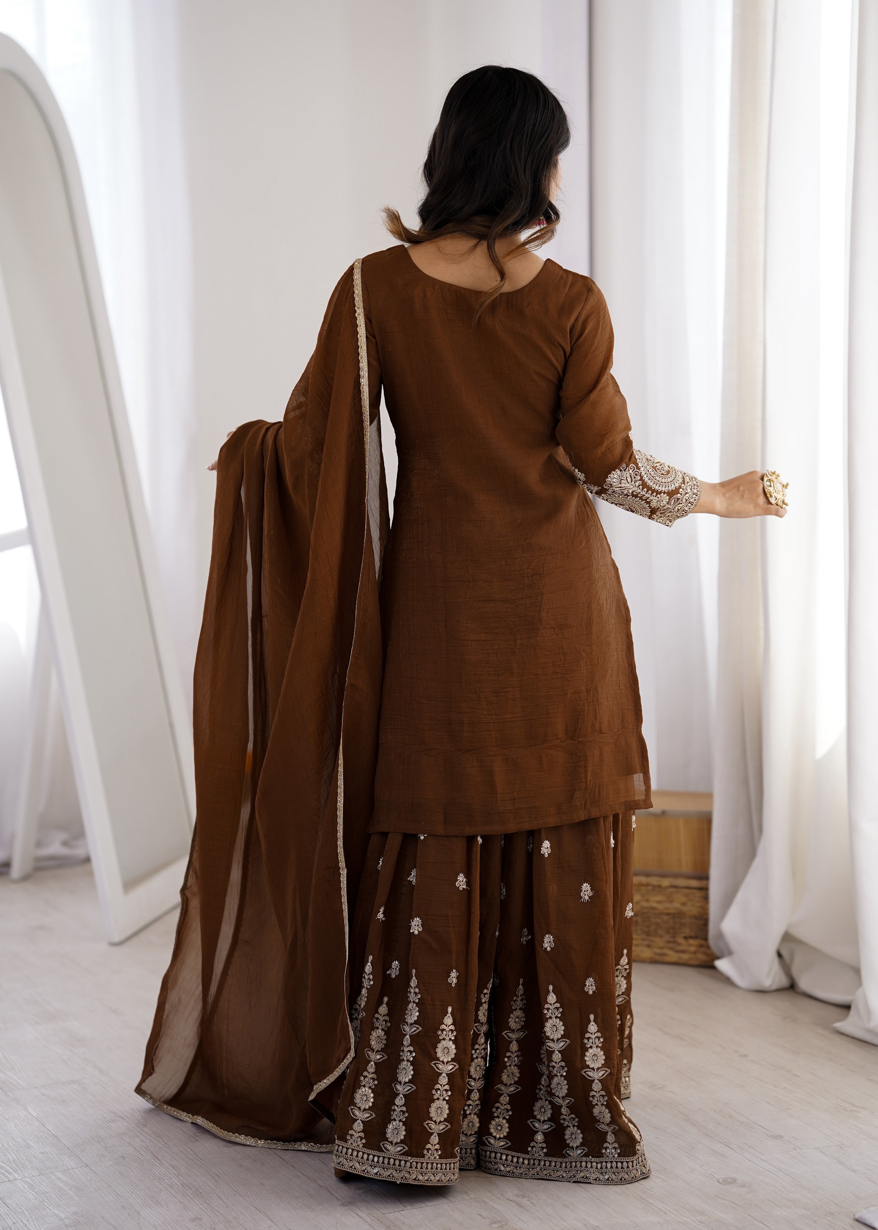Crunchy Silk Embroidered Sharara Set – Coffee Brown