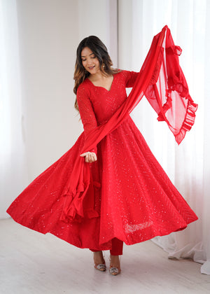 Georgette Embroidered Anarkali Set – Red