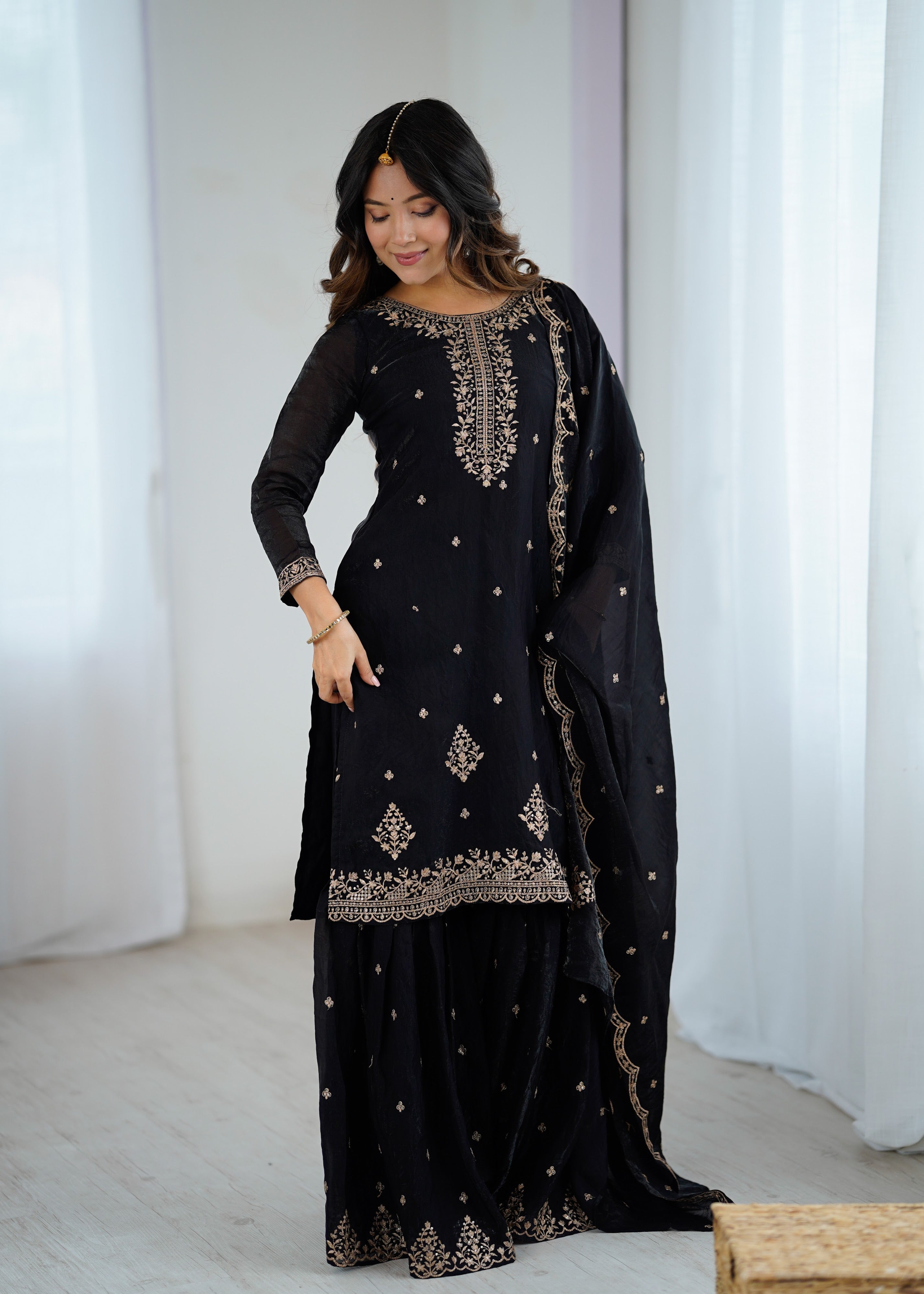 Crunchy Silk Embroidered Kurta-Sharara Set – Black