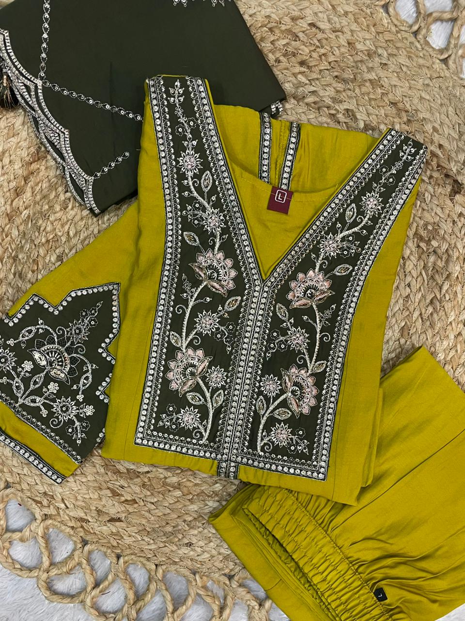 Roman Silk Embroidered Anarkali Kurti Set – Mustard