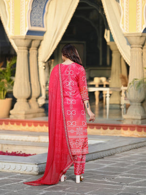 Chinon Silk Printed Kurta Pant Dupatta Set – Peach