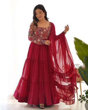 Georgette Embroidered Anarkali Set – Wine