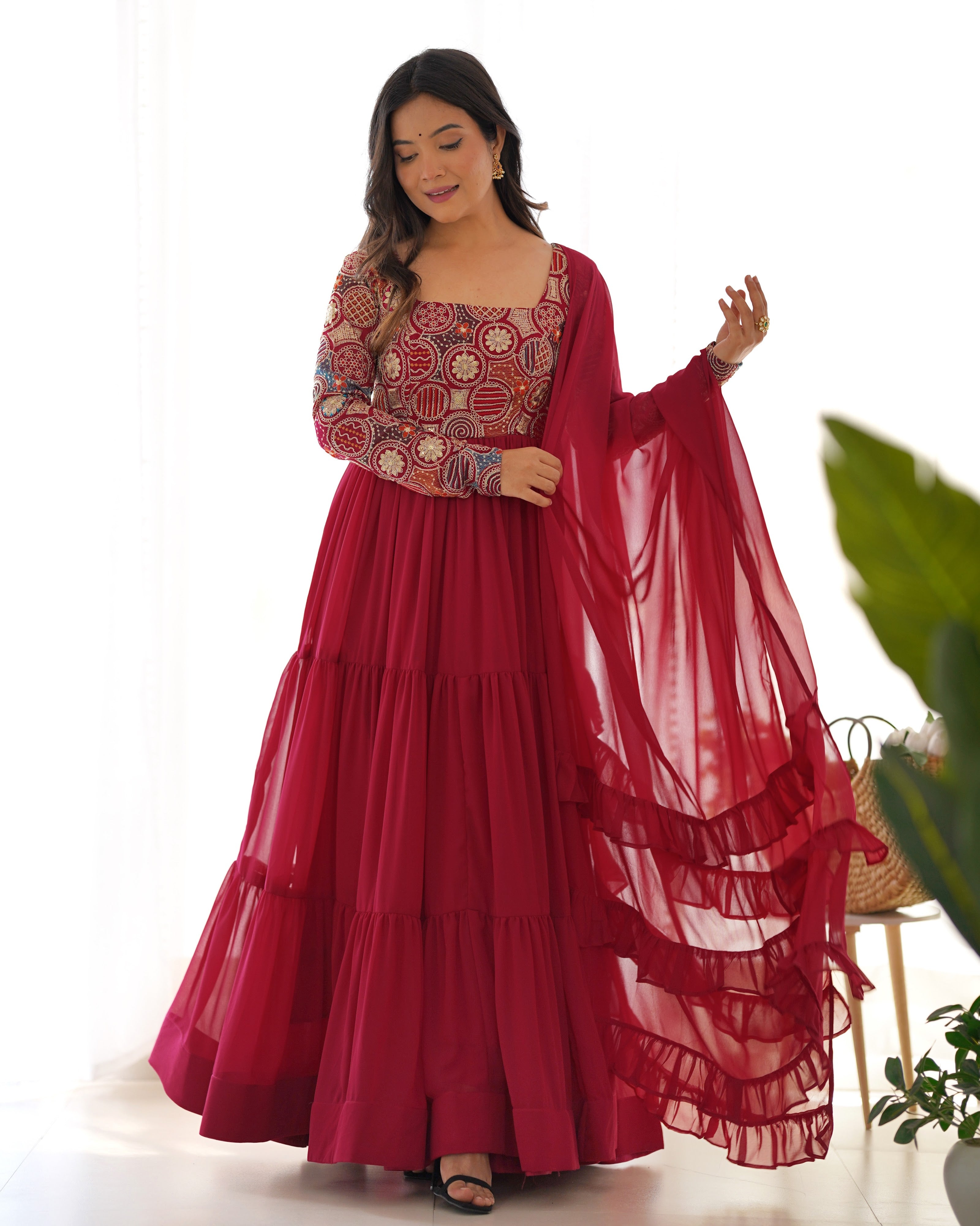 Georgette Embroidered Anarkali Set – Wine
