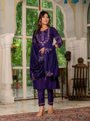 Marina Silk Embroidered Straight Kurti Set – Violet