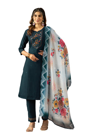 Viscose Mango Silk Embroidered Straight Kurti Set – Navy Blue