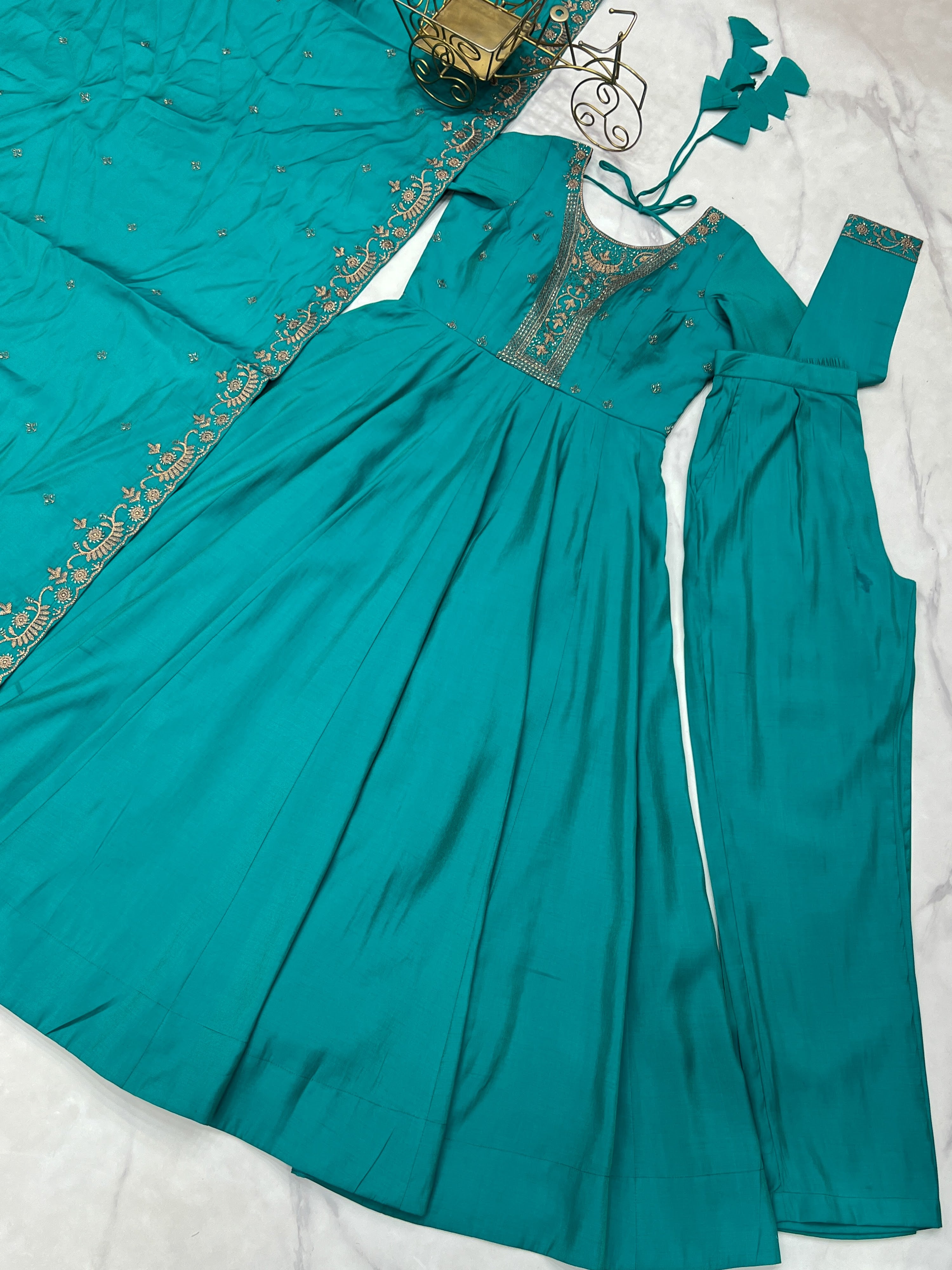 Roman Chanderi Silk Embroidered Anarkali Set – Teal Blue