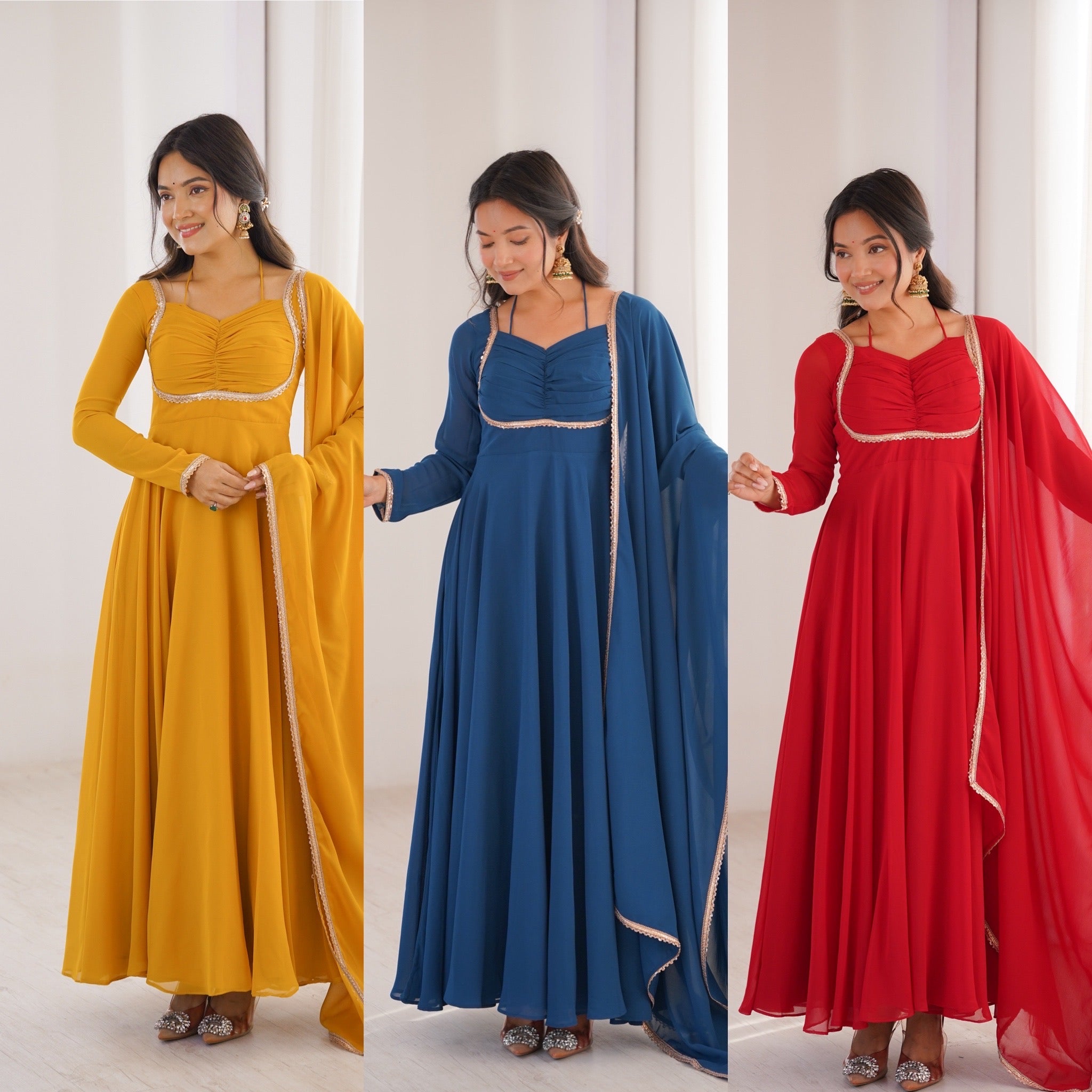 Georgette Embroidered Gown Set – Teal Blue
