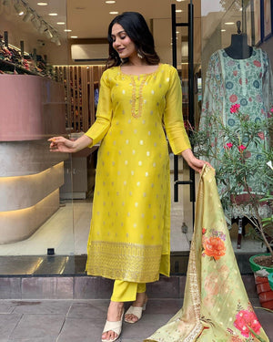 Viscose Organza Jacquard Embroidered Kurta Pant Dupatta Set – Lime Green