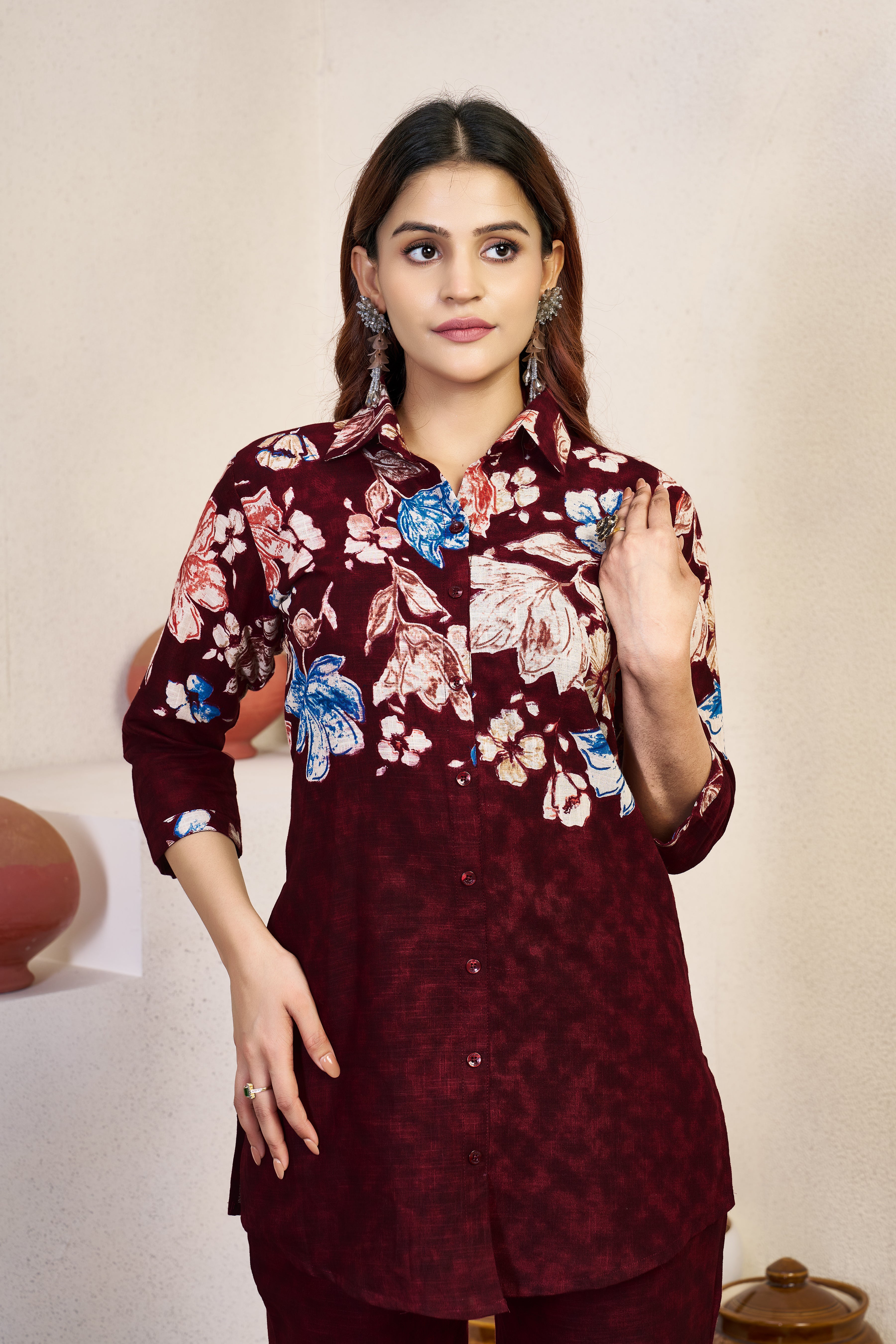 Pure Cotton Printed Co-Ords Set – Maroon