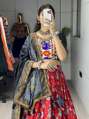 Navratri Red Floral Dola Lehenga Set - Blouse Unstitched