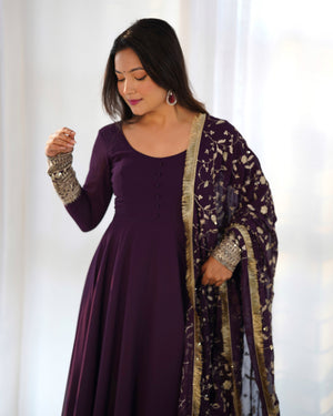 Georgette Embroidered Gown Set – Wine