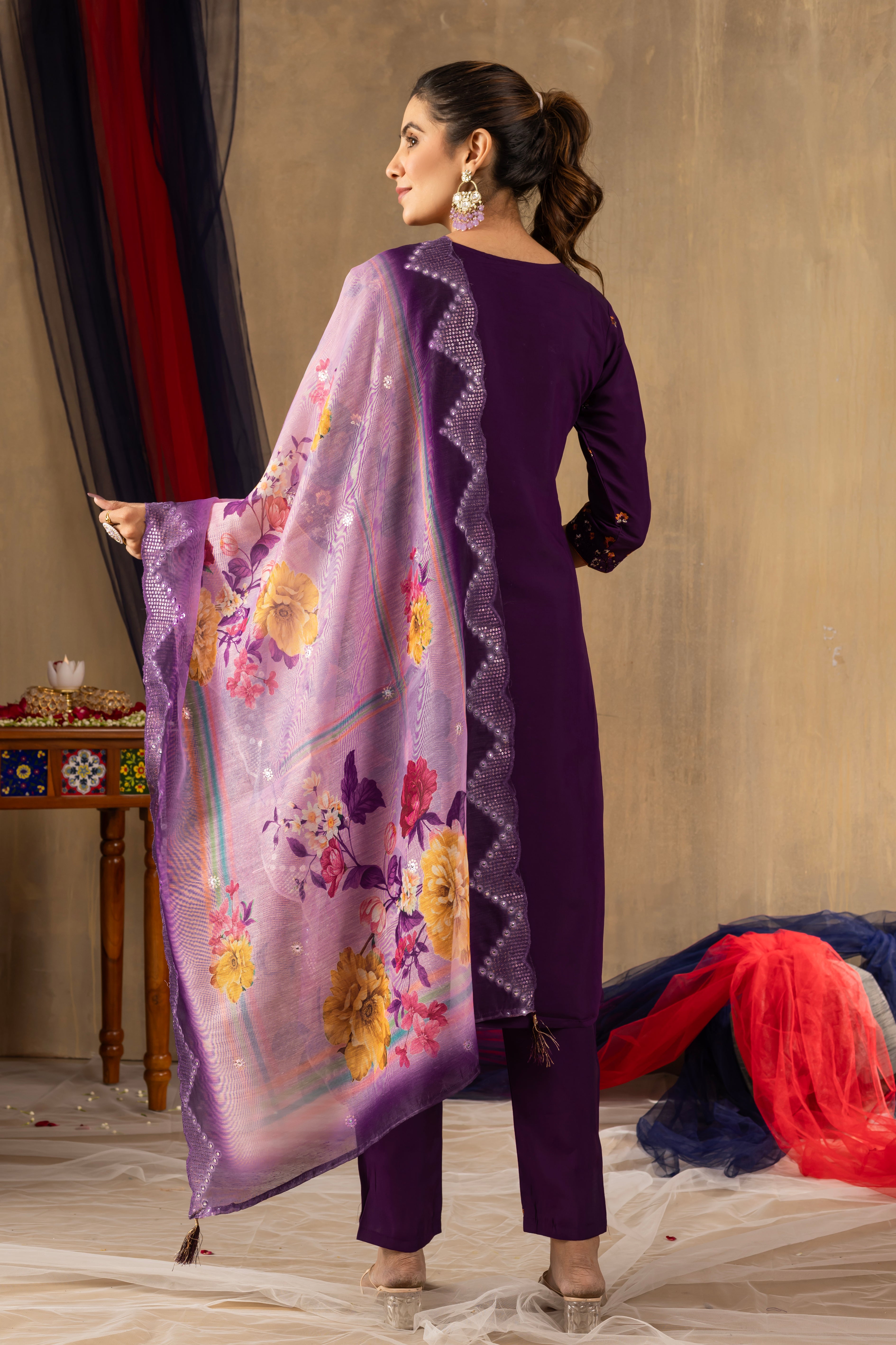 Roman Silk Embroidered Straight Kurti Set – Purple