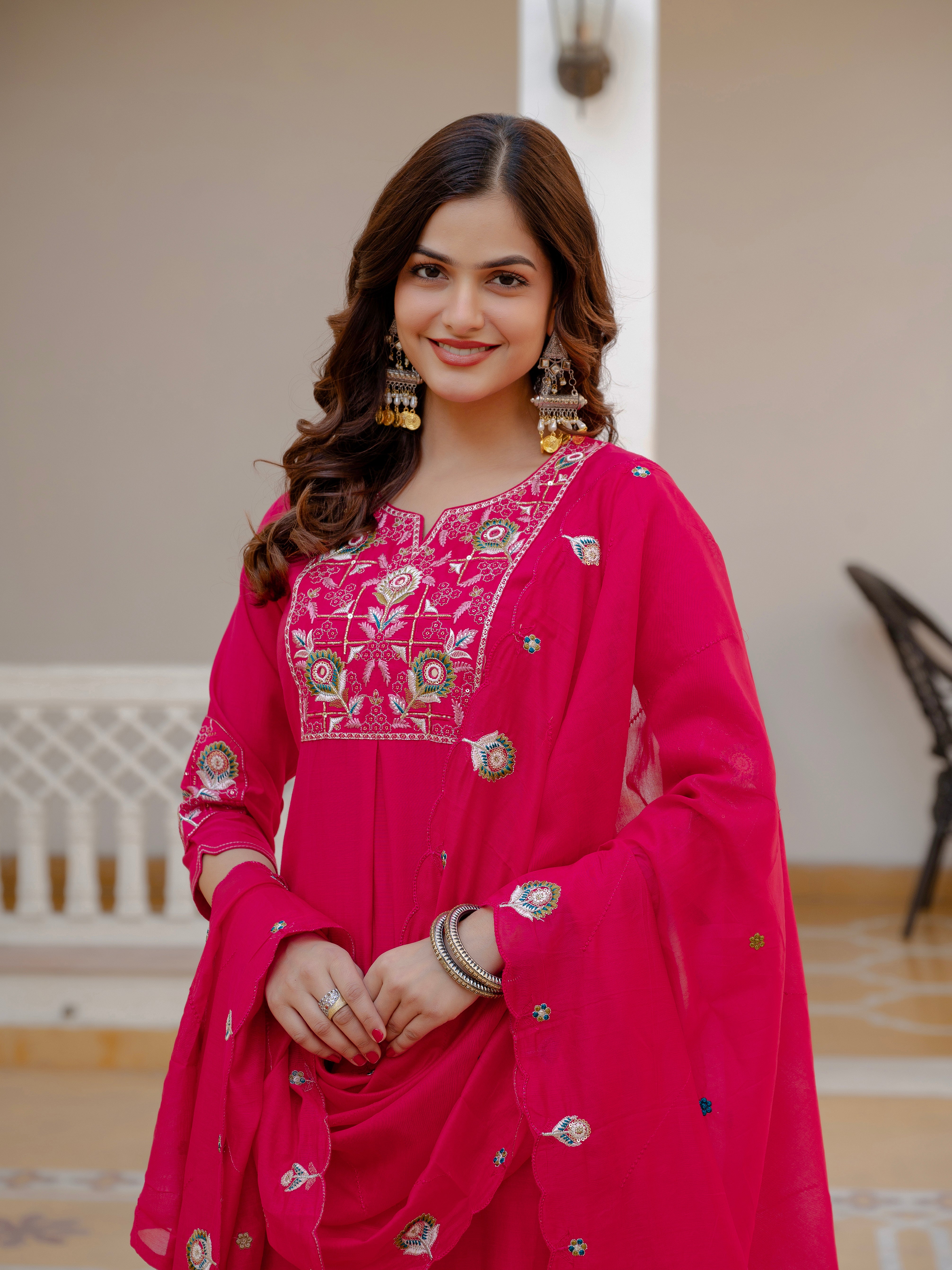 Pure Viscose Mango Silk Embroidered Straight Kurti Set – Pink