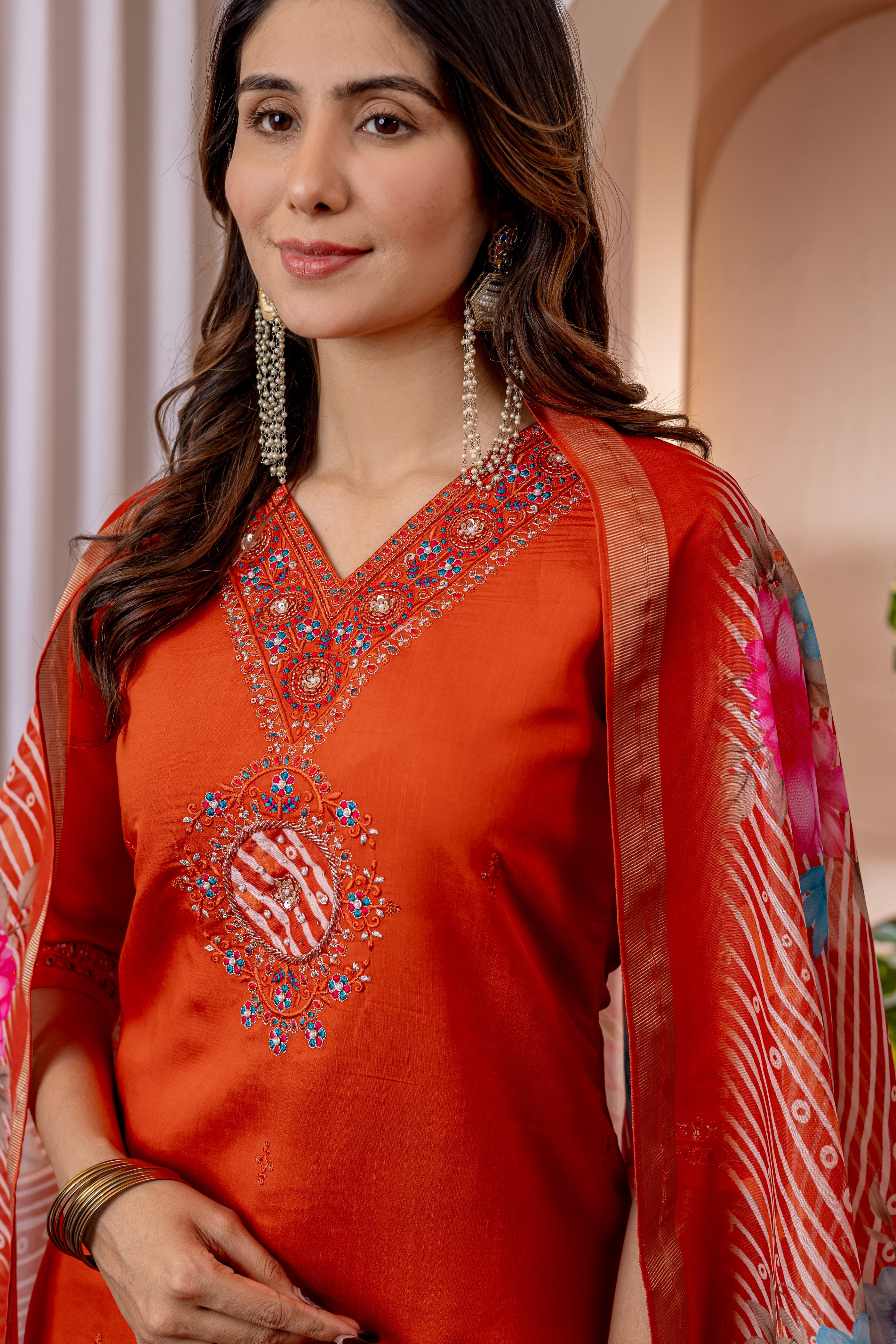 Marina Viscose Silk Embroidered Straight Kurti Set – Orange