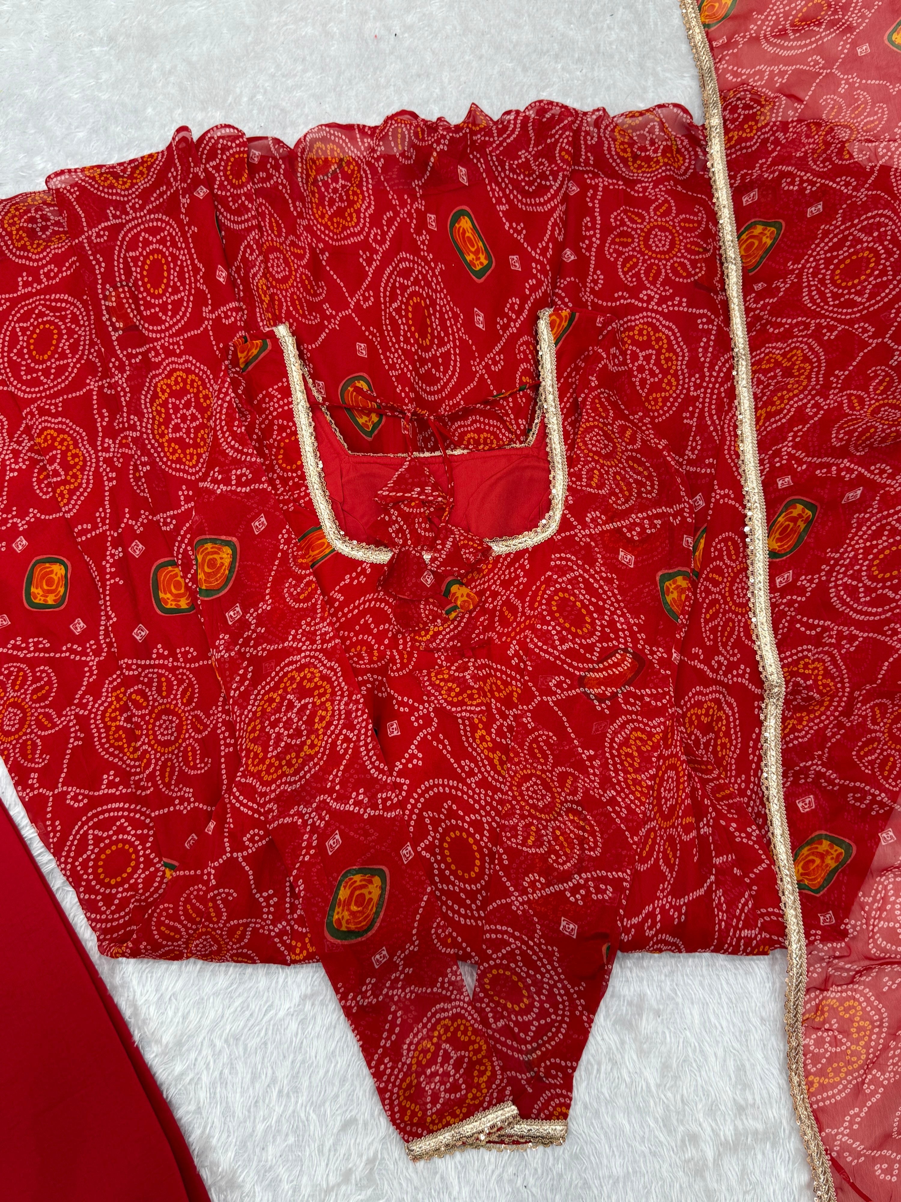 Soft Lightweight Chiffon Bandhej Fabric Inner Micro Cotton Embroidered Anarkali Set – Orange