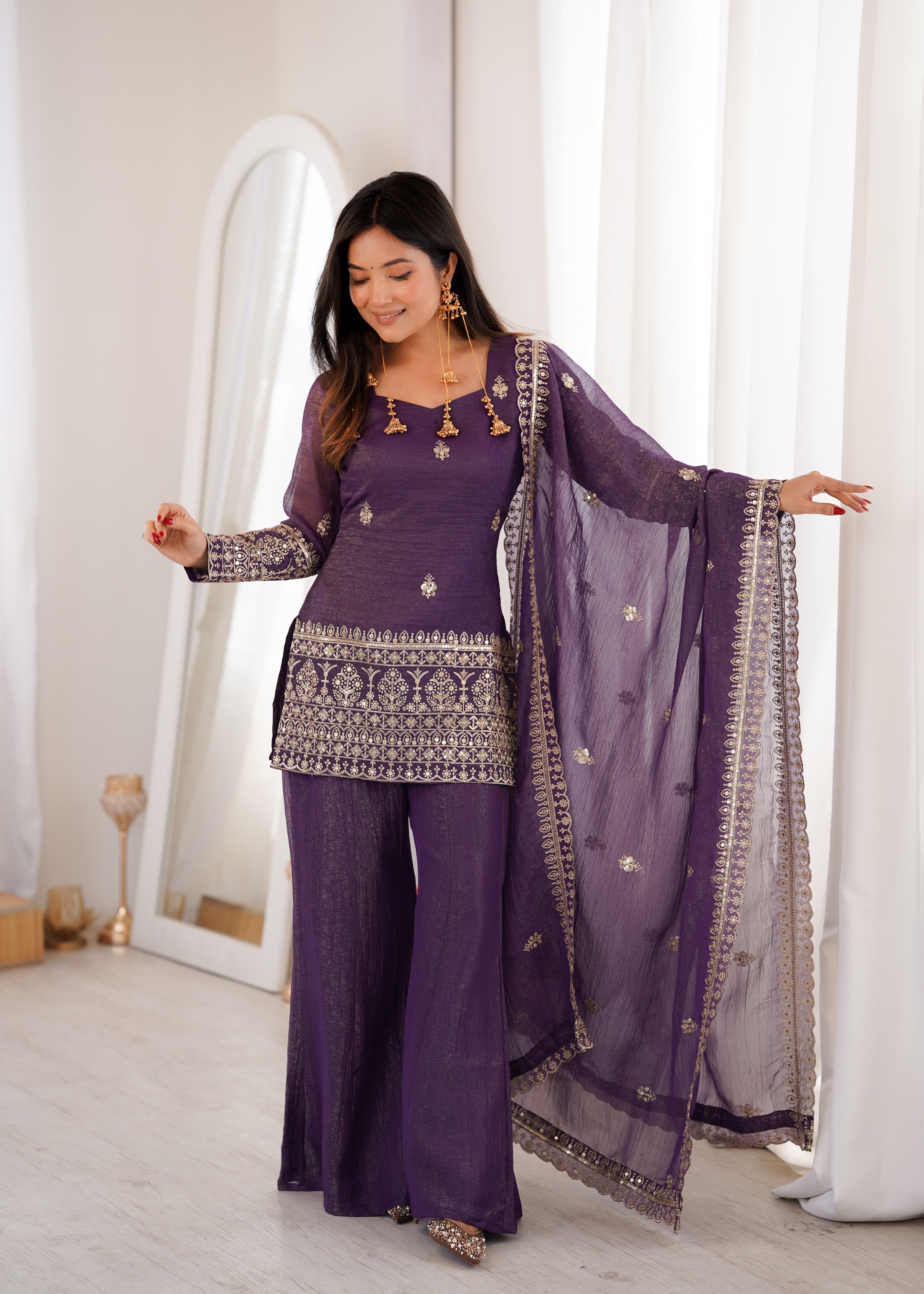 Crunchy Silk Embroidered Bell Bottom Set – Purple