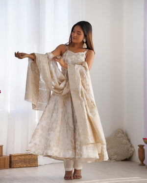 Fancy Banarasi Jackquard Dola Silk Fabric Designer Anarkali Set – Ivory