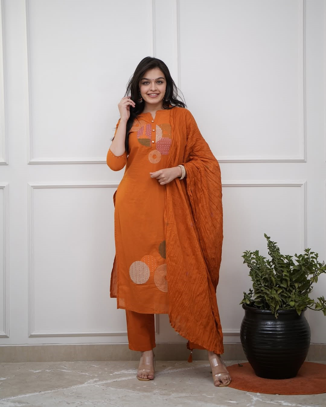 Rayon Slub Embroidered Kurta Pant Dupatta Set – Orange