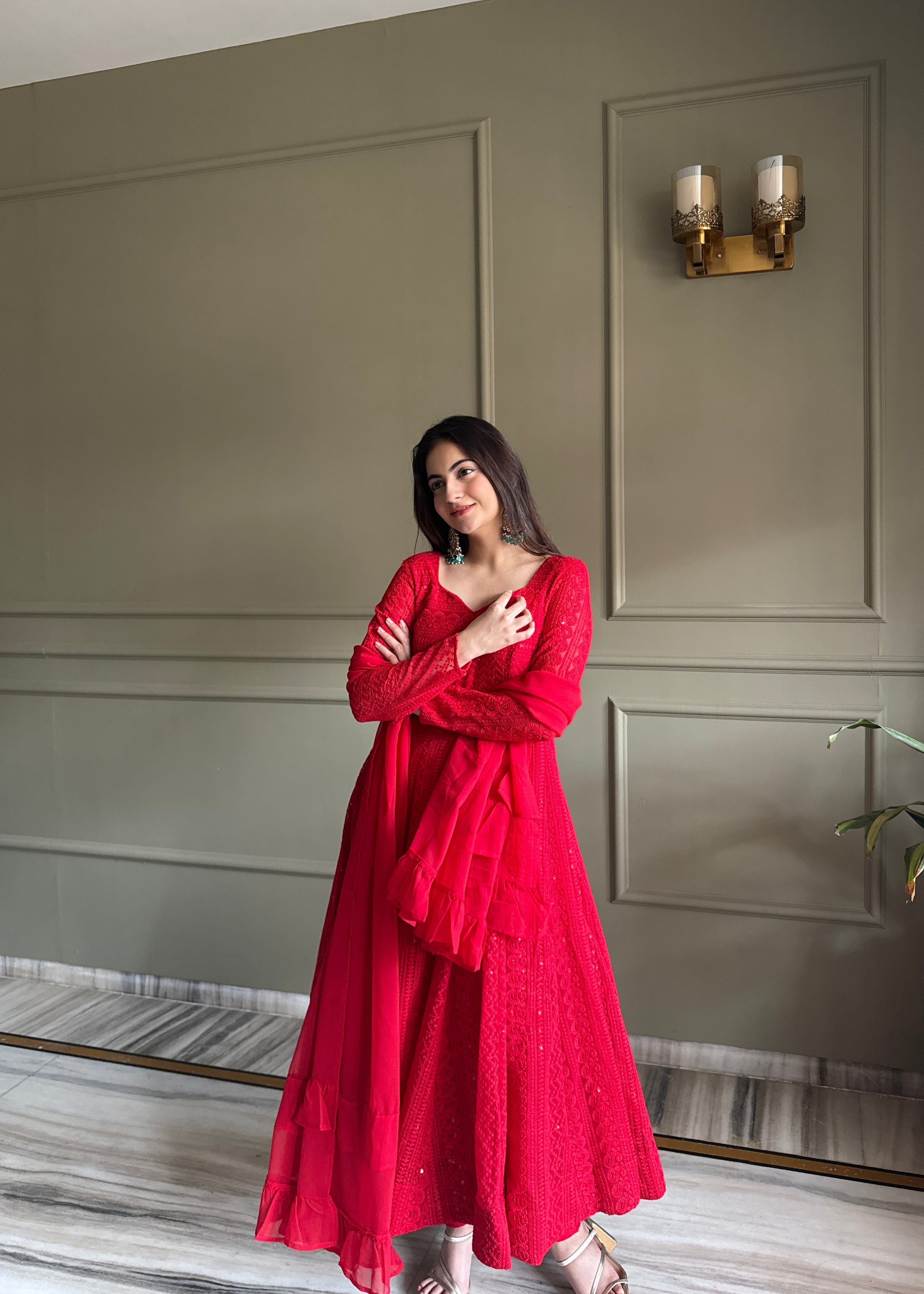Georgette Embroidered Anarkali Set – Red